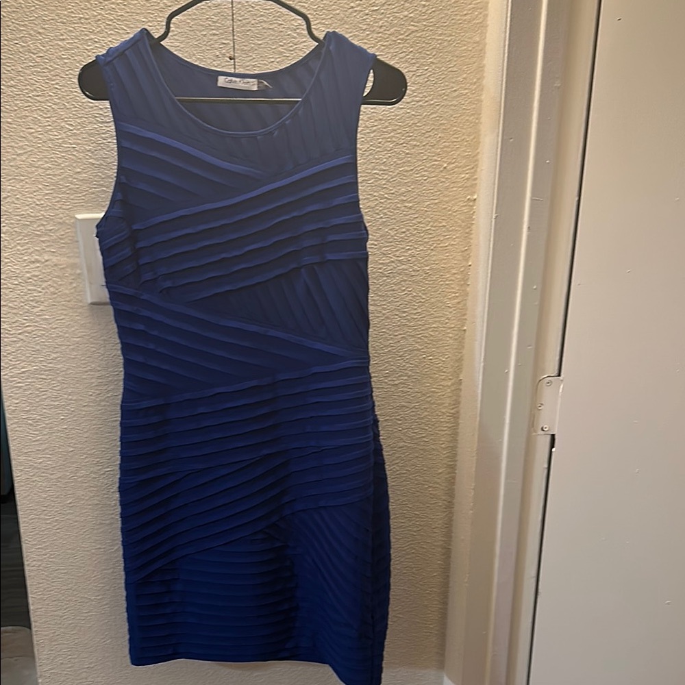 Calvin Klein Blue Pleated Sheath Midi Dress